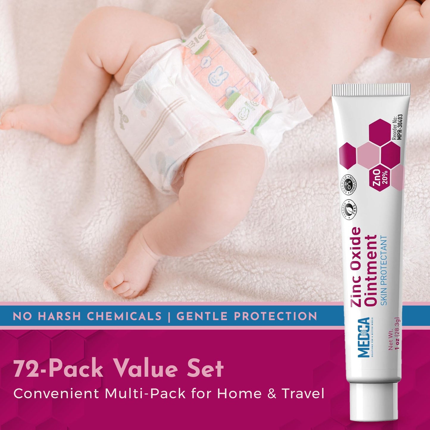 High-Potency 20% Zinc Oxide Ointment - (Pack of 72) Baby Diaper Rash Cream and Gentle Skin Protectant Barrier for Chafed Skin, Wetness Daily & Overnight Protection Soothing, Hypoallergenic, 1oz Tubes