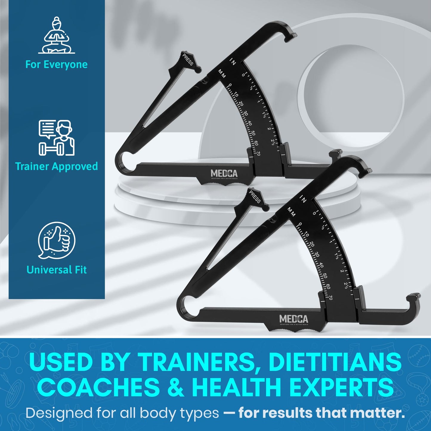 Skinfold Body Fat Caliper - Skin Fold Body Fat Analyzer and Handheld BMI Measurement Tool Skinfold Caliper Device Measures Body Fat for Men and Women by MEDca - (Pack of 2, Black)