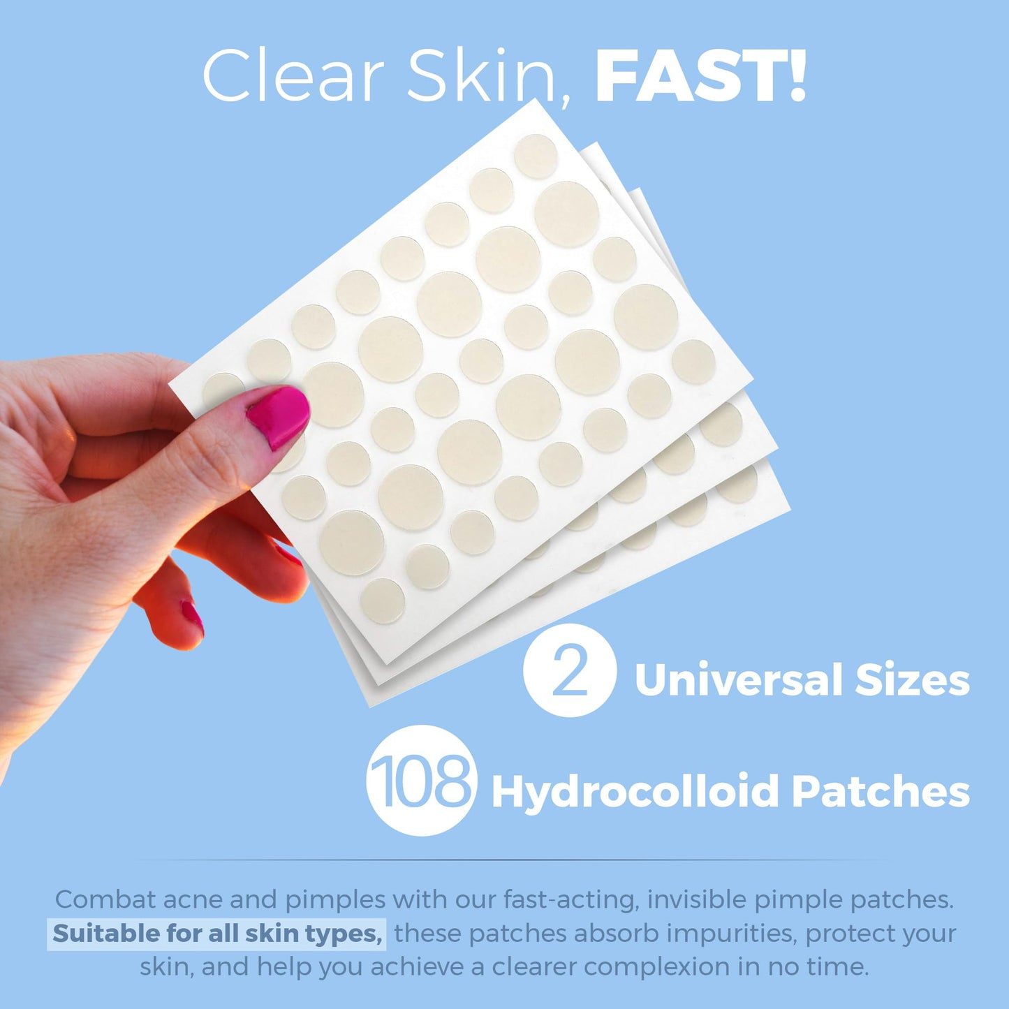 Acne Patches for Face - Hydrocolloid Bandages (108 Count) Pimple Patches for Face in 2 Universal Sizes, Acne Spot Treatment Care for Face & Skin Spot Patch Conceals Zits, Acne and Blackheads