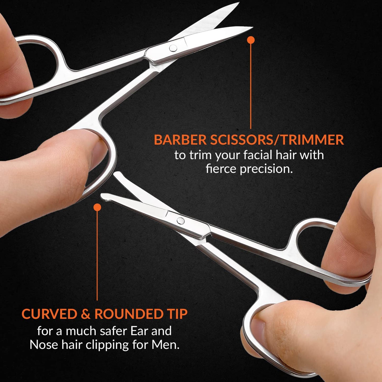 Stainless Steel Grooming Scissors - Eyebrow Scissor, Beard & Mustache Trimming Set, Small Curved & Rounded Tip Facial Hair Trimmer Kit for A Much Safer Ear, Nose Hair Clipper for Men & Travel Case