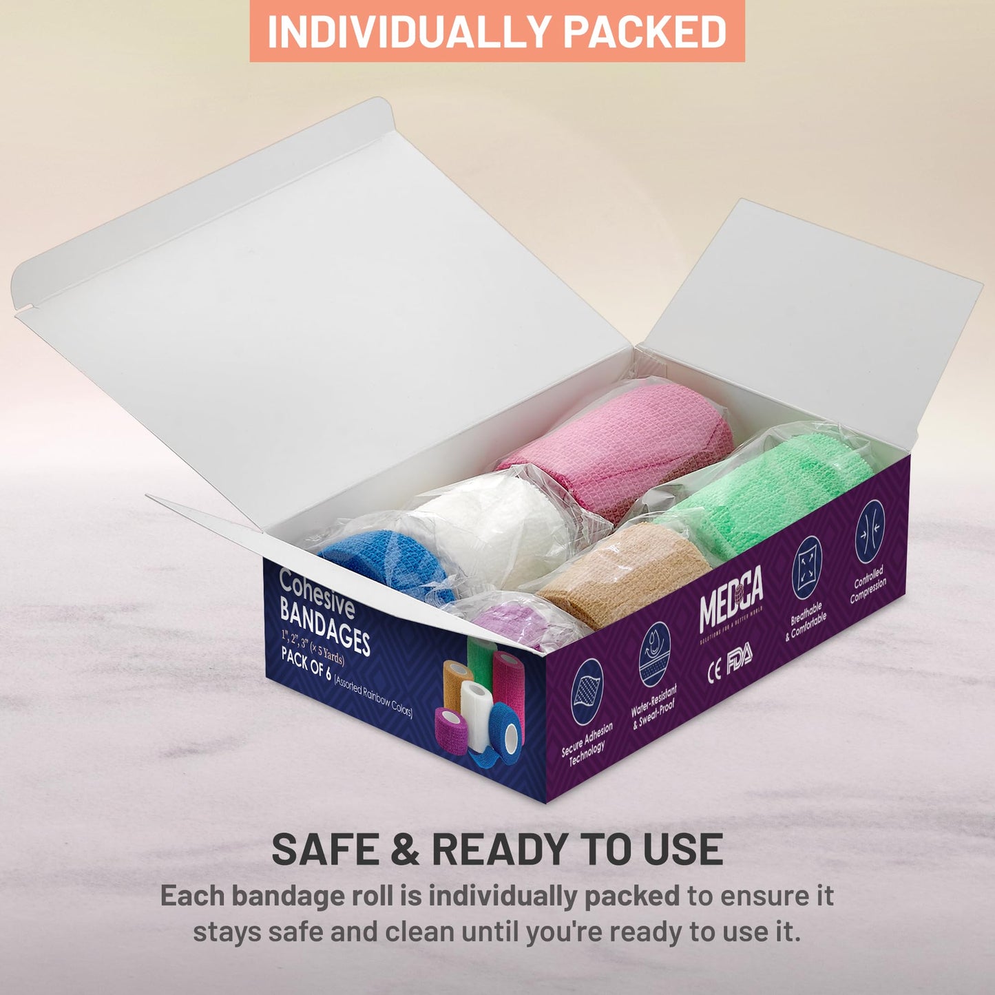 Self Adherent Cohesive Tape - (6 Count) 1" 2" 3" x 5 Yards Combo Pack, Self Adhesive Bandage Rolls & Sports Athletic Wrap for Ankle, Wrist, Sprains and Swelling, Vet Wraps in Neon Colors