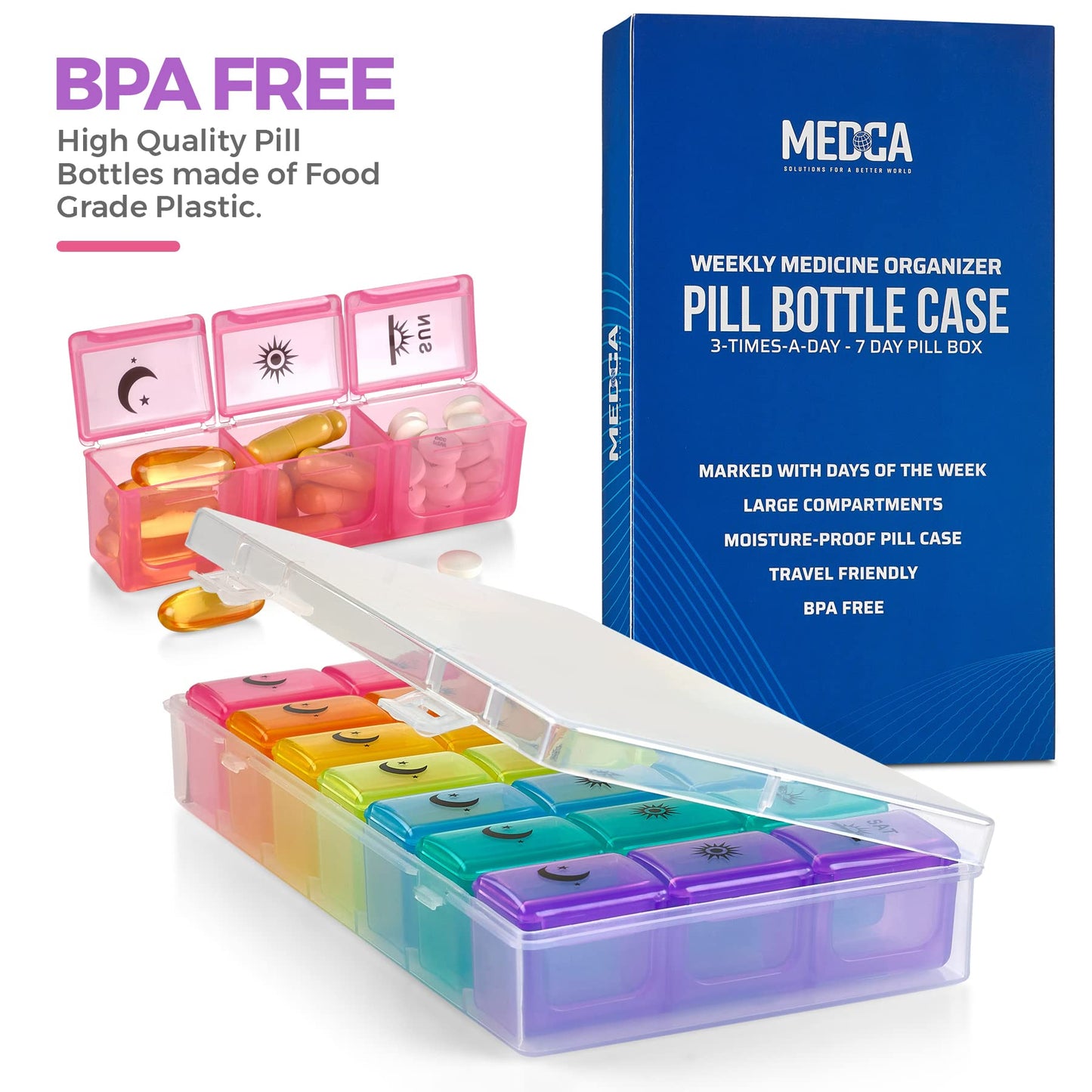 Weekly Pill Organizer Case – 3-Times-a-Day Pill Box - Large Plastic Dispenser with 7-Daily Morning Noon & Night Compartments for Pills, Supplements, Fish Oils and Vitamins