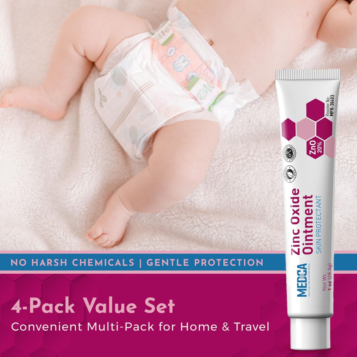 High-Potency 20% Zinc Oxide Ointment - (Pack of 4) Baby Diaper Rash Cream and Gentle Skin Protectant Barrier for Chafed Skin, Wetness, Daily & Overnight Protection Soothing, Hypoallergenic, 1oz Tubes