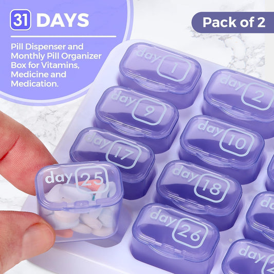 Monthly Pill Organizer - (Pack of 2) 31 Day Pill Organizer with Large Removable Medication Pods, Portable Pill Case Box and Holder for Daily Medicine and Vitamins for Travel, Purple