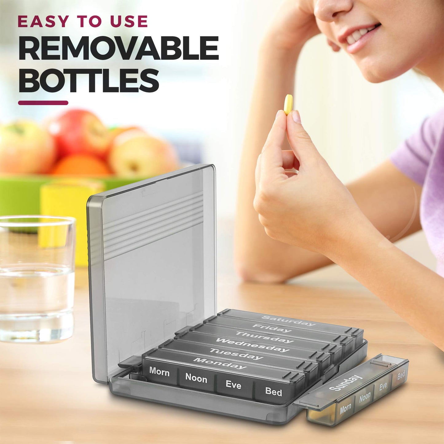 Weekly Pill Organizer - 7-Day Pill Case w/ Removable Daily 4 Times-a-Day Pill Cases - Large AM/PM Medicine Pill Box for Medications Pills Vitamins & Supplements - Easy to Read Labels Monday to Sunday