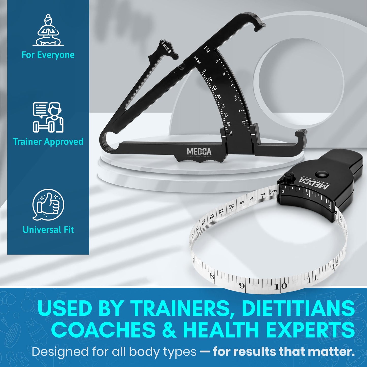 Body Tape Measure and Skinfold Caliper for Body Set - (Pack of 4) - Skin Fold Body Fat Analyzer and BMI Measurement Tool by MEDca