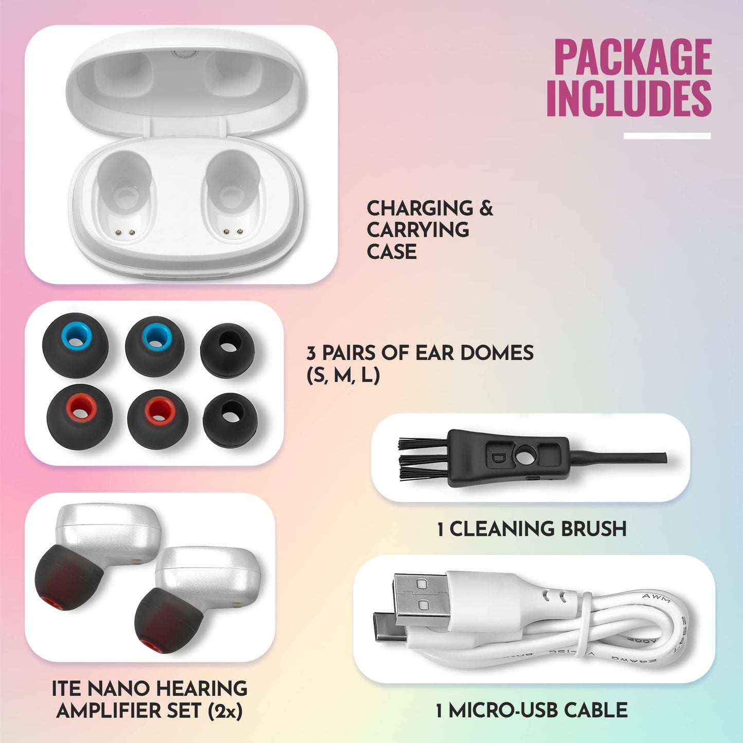 Rechargeable Hearing Amplifier Pair w/ Noise Cancelling, Digital Sound Device for Seniors & Adults - ITC Nano Personal Amplifier - One Touch Control & Low Sound Distortion Hearing Assist Device, White