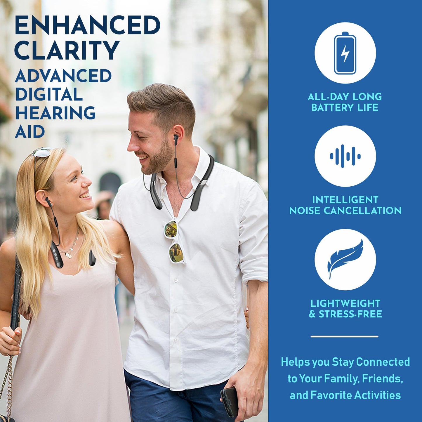 Rechargeable Bluetooth Hearing Amplifier - Wireless Hands-Free Neckband w/ Noise Reduction, Neck Sound Amplifying Device Helps Aid Comfortable Hearing for Listening, Watching TV for Seniors & Adults
