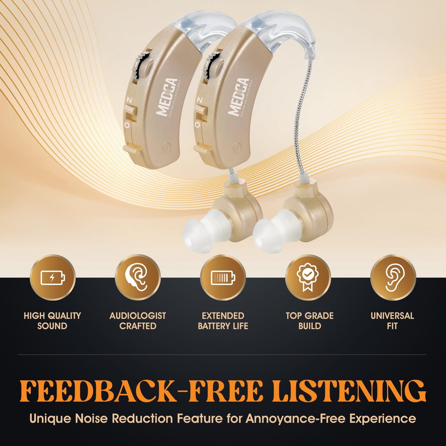 Behind the Ear Sound Amplifier - BTE Hearing Ear Amplification Device and Digital Sound Enhancer PSAD for the Hard of Hearing, Noise Reducing Feature, Gold