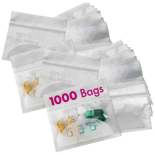 Pill Pouch Bags - (Pack of 1000) 3" x 2.75" - BPA-Free, Poly Bag Disposable Zipper Pills Baggies, Daily AM PM Travel Medicine Organizer Storage Pouches, Clear Reusable with Write-on Labels