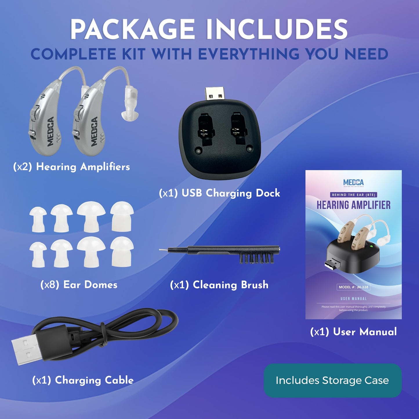 Digital Hearing Amplifiers - Pair of Rechargeable BTE Personal Sound Amplifier with USB Dock - Premium Behind The Ear Sound Amplification - by MEDca