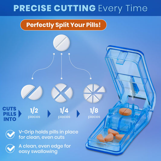 Pill Cutter - V- Grip Pill Crusher and Cutter for Vitamins, Big & Small Pills, and Medication - Transparent Pill Splitter with Pill Holder Case to Split