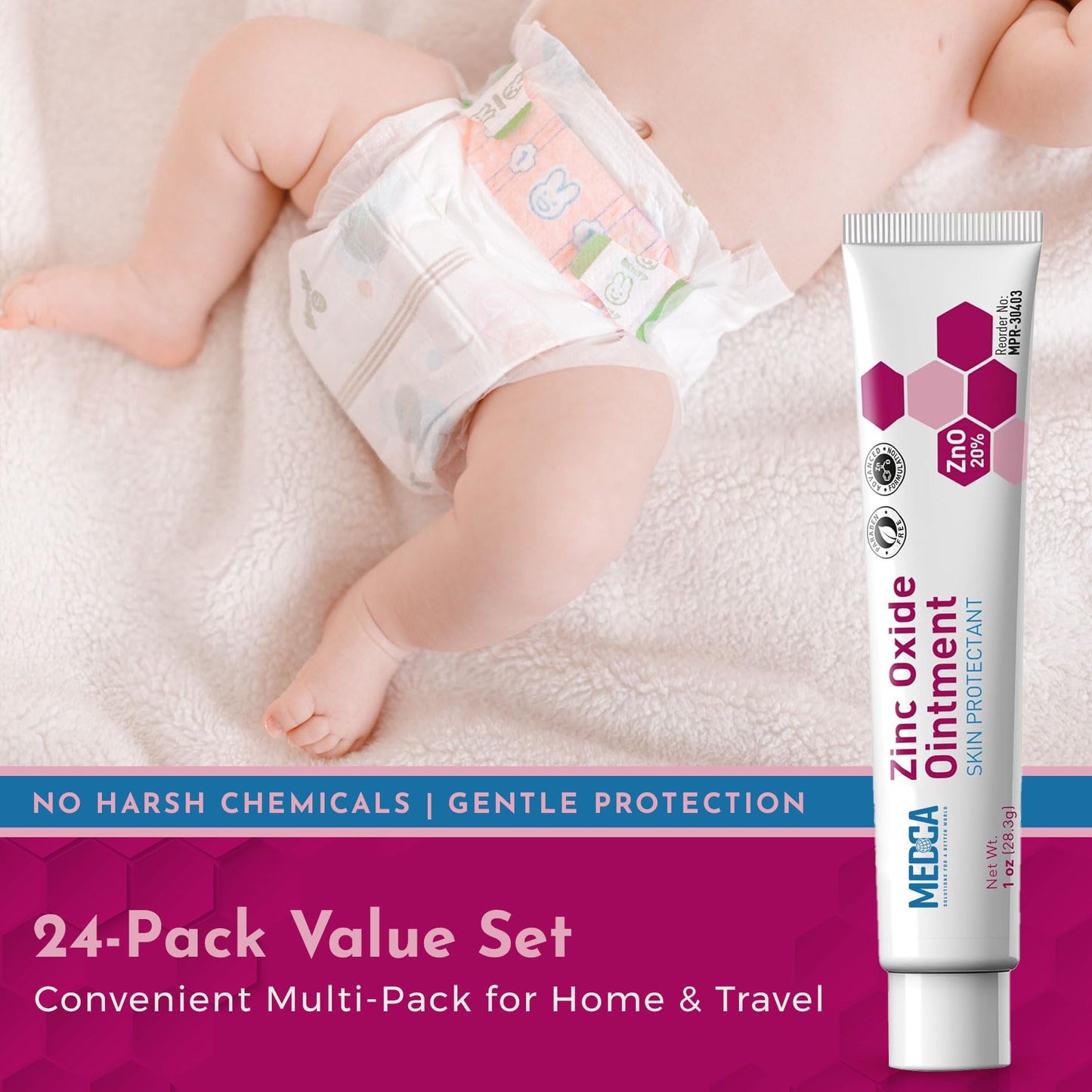 High-Potency 20% Zinc Oxide Ointment - (Pack of 24) Baby Diaper Rash Cream and Gentle Skin Protectant Barrier for Chafed Skin, Wetness Daily & Overnight Protection Soothing, Hypoallergenic, 1oz Tubes