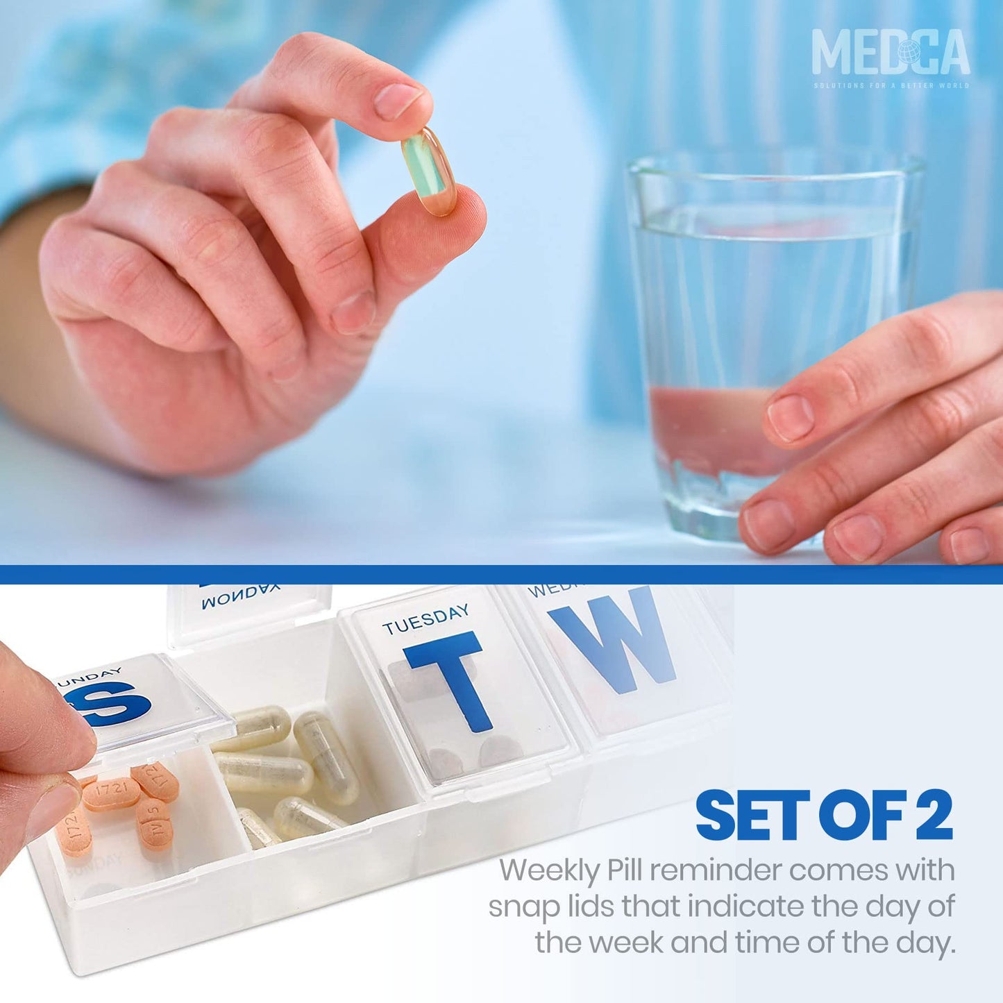 Weekly Pill Organizer - (Pack of 2) Extra Large Vitamin Container with Jumbo Easy to Read Letters, BPA Free - Daily Travel 7 Day Medication Pill Box Case