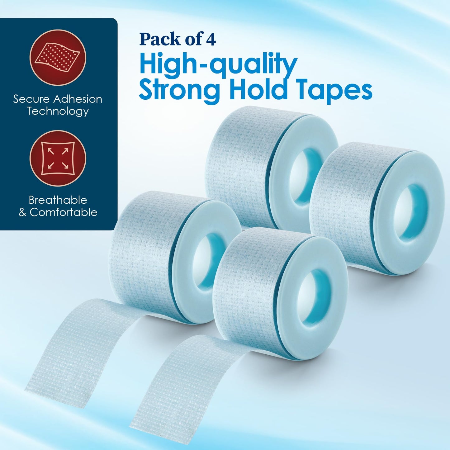 MEDca Sensitive Skin Low Trauma Tape Rolls - 1 Inch x 4 Yards Blue Tape First Aid Rolls, Minimal Hair Pulling for Wounds, Lash Tape for Eyelash Extensions, (Pack of 4)