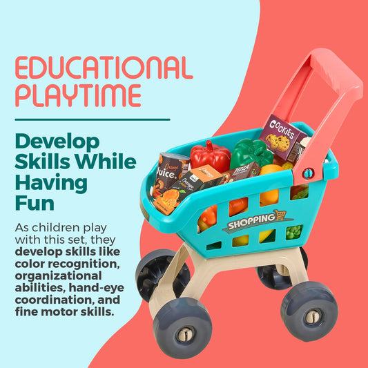 MEDca Kids Play Supermarket Set with Scanner - Pretend Play Grocery Shop Set - 47 Piece Complete Playset with Cash Register Credit Card Machine Scanner Shop Trolley and Food Gift for Boys and Girls