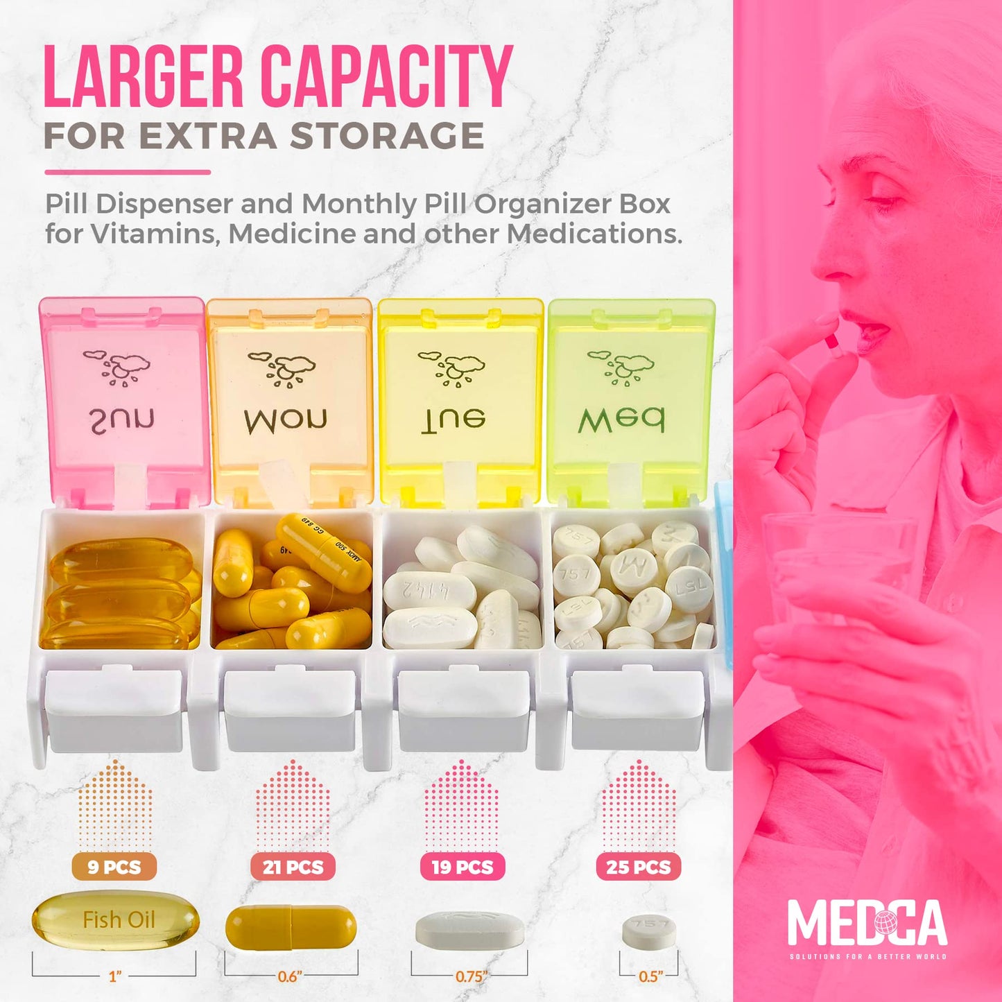 7 Day AM PM Pill Organizer – With Push Button Assisted Open A Daily Travel Pill Box Case Planner And Large Compartments For Medication Vitamins Fish Oil & Supplements, BPA Free – By MEDca