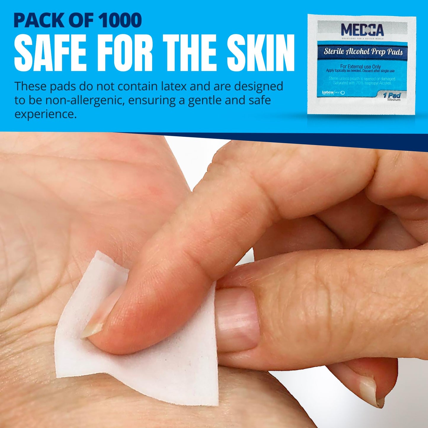 MEDca Alcohol Prep Pads - 1000 Count, 70% Isopropyl Alcohol, Unscented, 2-Ply Cotton, Individually Wrapped, Latex-Free, Ideal for Minor Cuts, Scrapes, and Electronics
