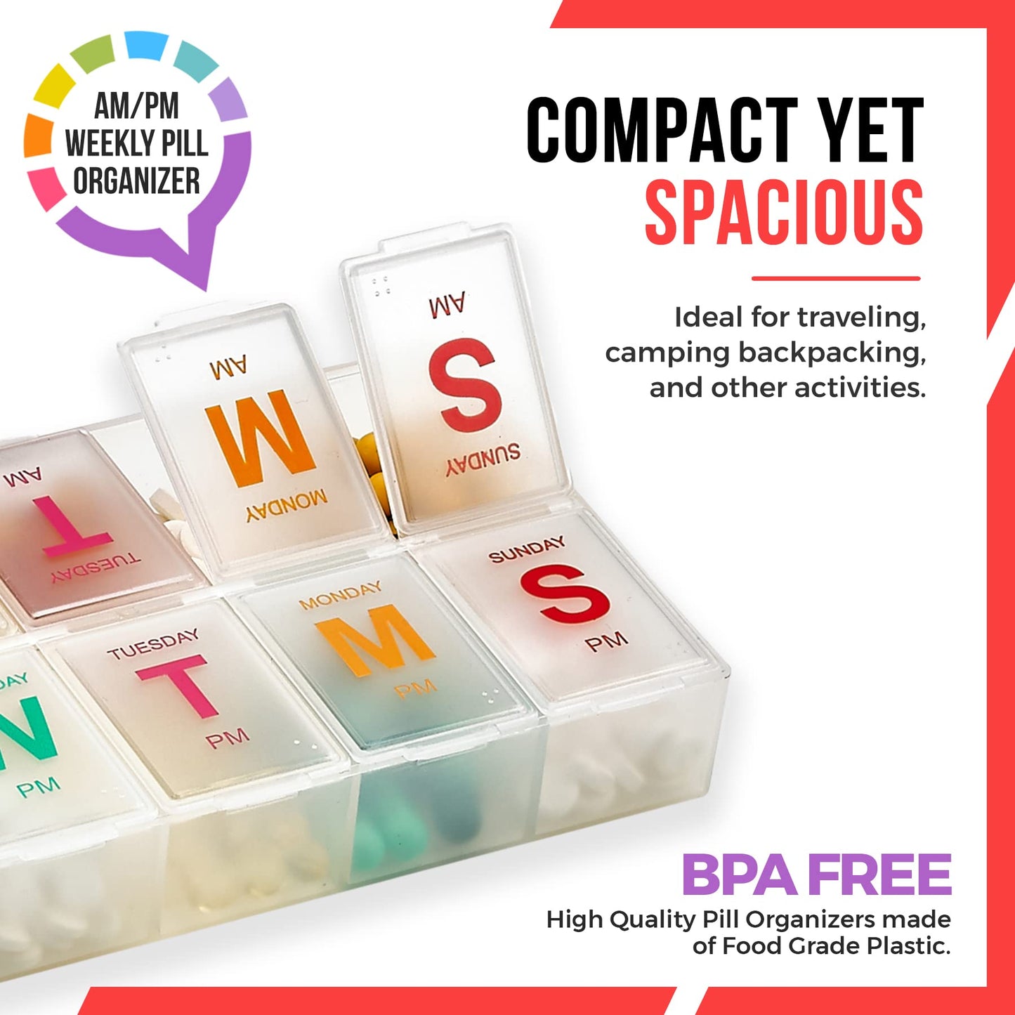 Large Weekly Pill Organizer - (2 Pack) AM PM Pill Box - XL 7 Day Pill Organizer 2 Times A Day and Daily Pill Organizer Case for Medication, Pills, Supplements with Braille, Bright, Easy to Read