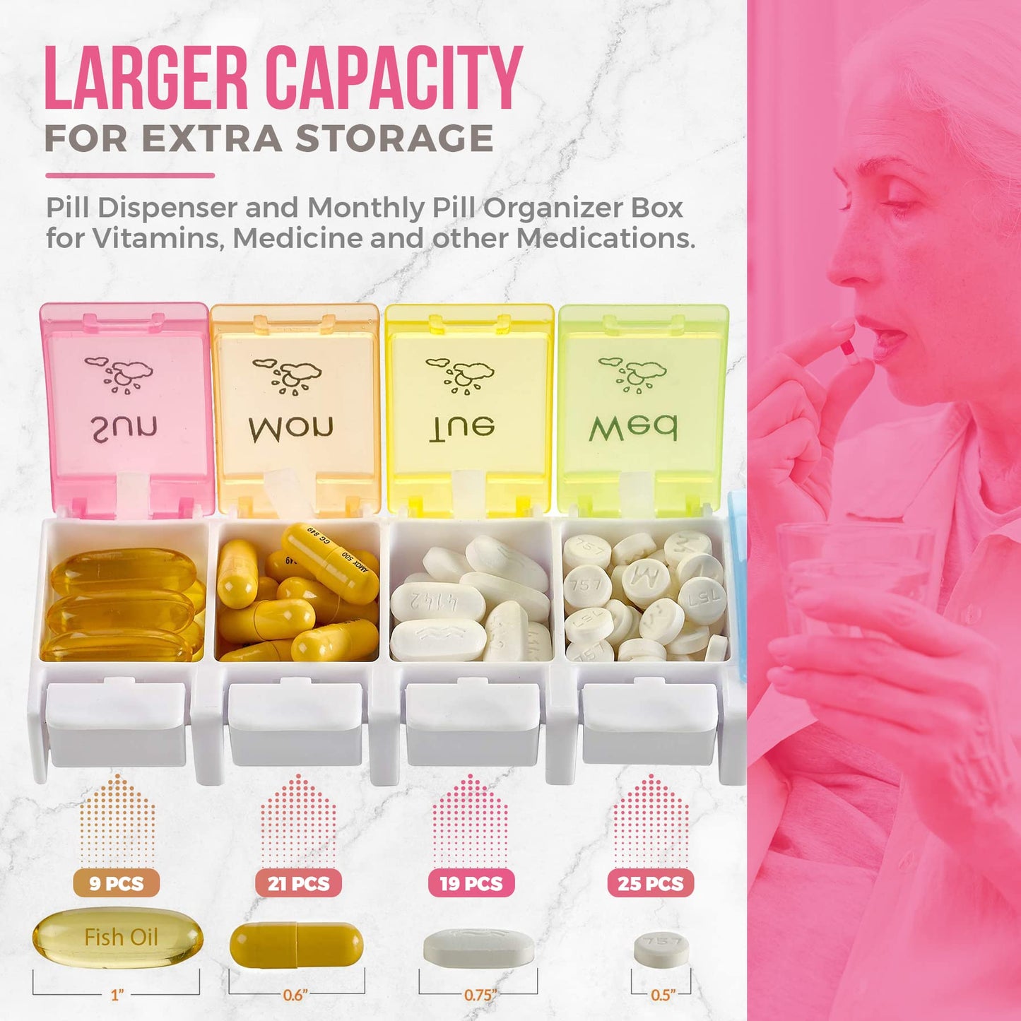 7 Day Pill Organizers - (Pack of 2) Easy Push Button Assisted Open, AM PM Daily Travel Pill Box Case Planner and Large Compartments for Medication Vitamins Fish Oil & Supplements, BPA Free