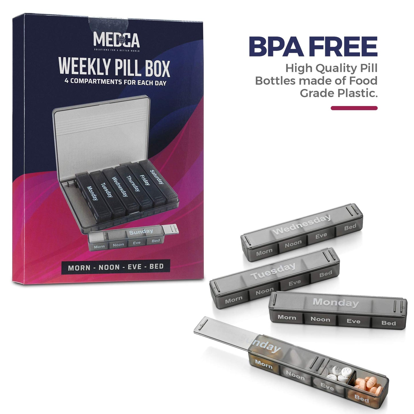 Weekly Pill Organizer - 7-Day Pill Case w/ Removable Daily 4 Times-a-Day Pill Cases - Large AM/PM Medicine Pill Box for Medications Pills Vitamins & Supplements - Easy to Read Labels Monday to Sunday