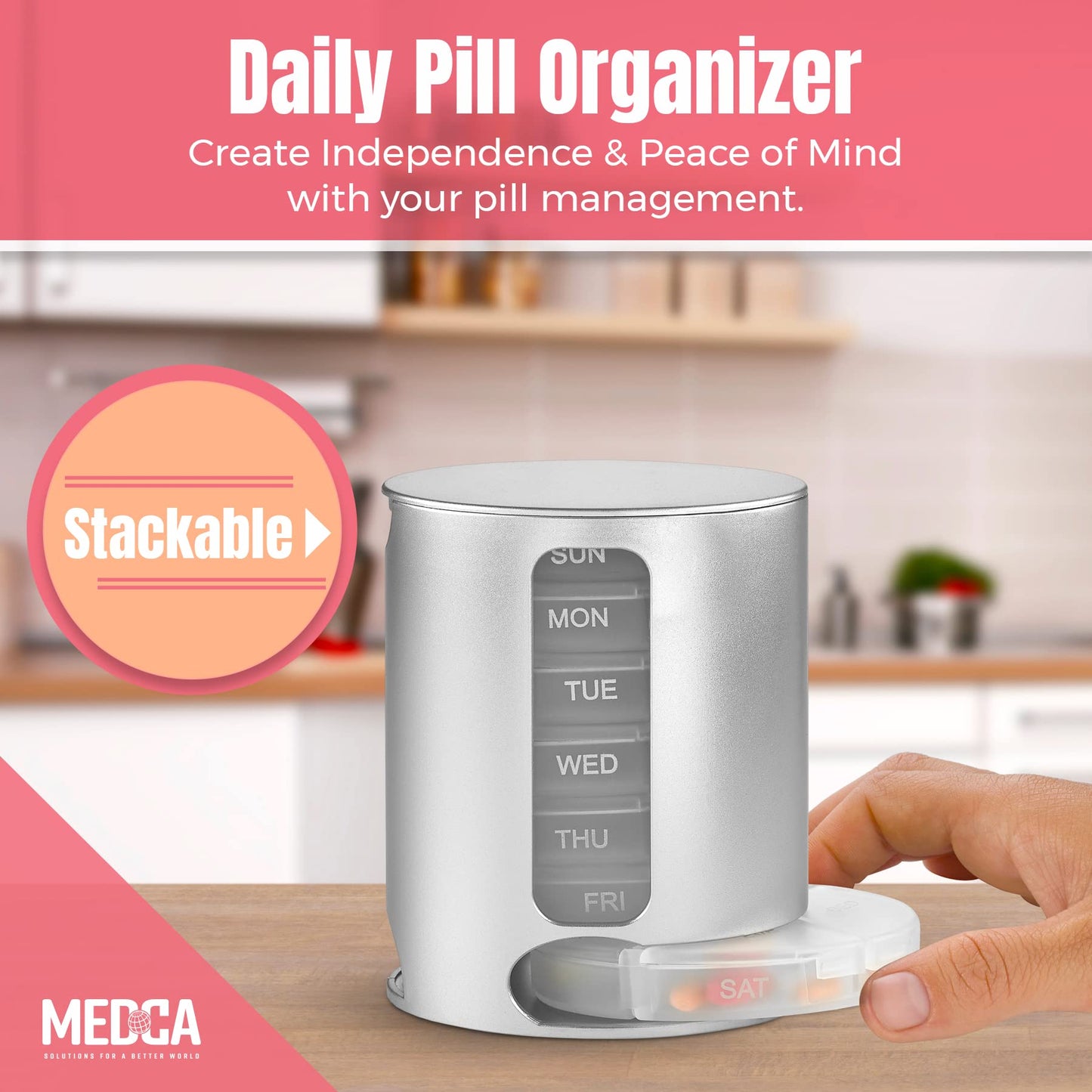 Stackable Daily Pill Organizers - (Pack of 2) Weekly Medication Reminder with 7 Individual Stacking Cases - AM/PM Pill Boxs with 4 Times a Day, a Everyday Medicine Organizer, Silver