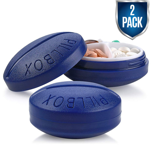 Small Pill Boxes - Pack of 2 - Mini Compact Round Portable 4 Compartment Travel Pills Case Organizer, Vitamin and Medication Dispenser Holder for Up to 4 Times a Day, BPA Free Pill Reminder