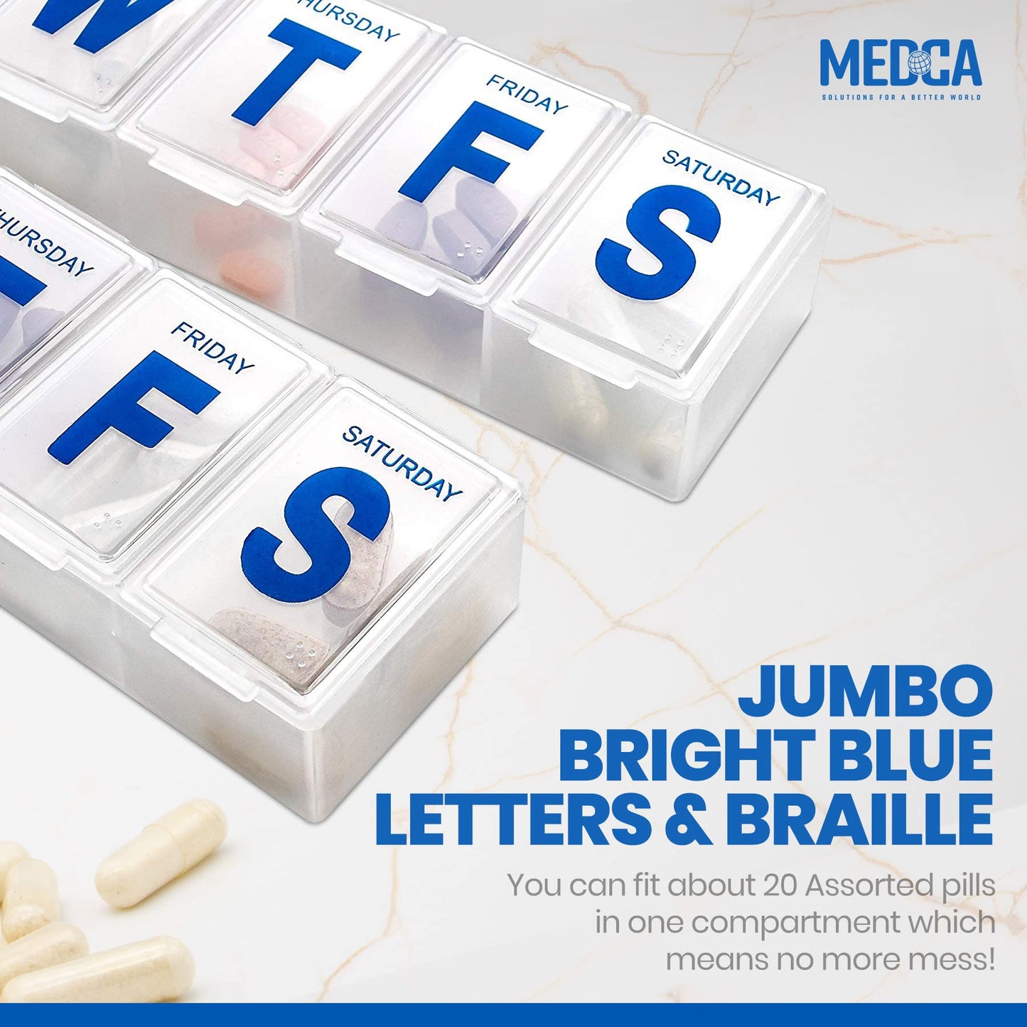 Weekly Pill Organizer - (Pack of 2) Extra Large Vitamin Container with Jumbo Easy to Read Letters, BPA Free - Daily Travel 7 Day Medication Pill Box Case