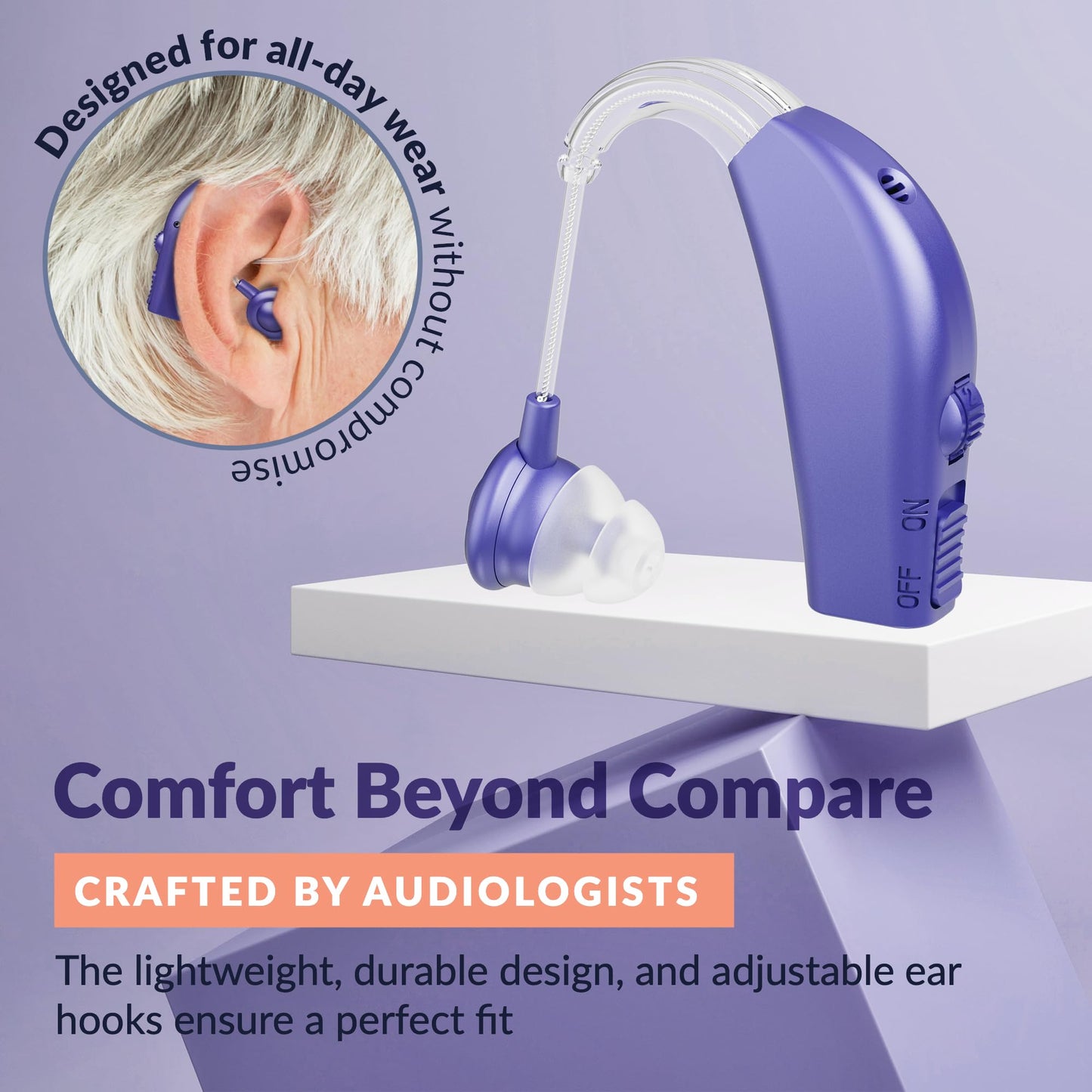 Digital Hearing Aid Amplifier Set - Rechargeable Behind the Ear Personal Sound Amplification Device - for Adults and Seniors with All-Day Battery Life, (Single Unit, Purple)