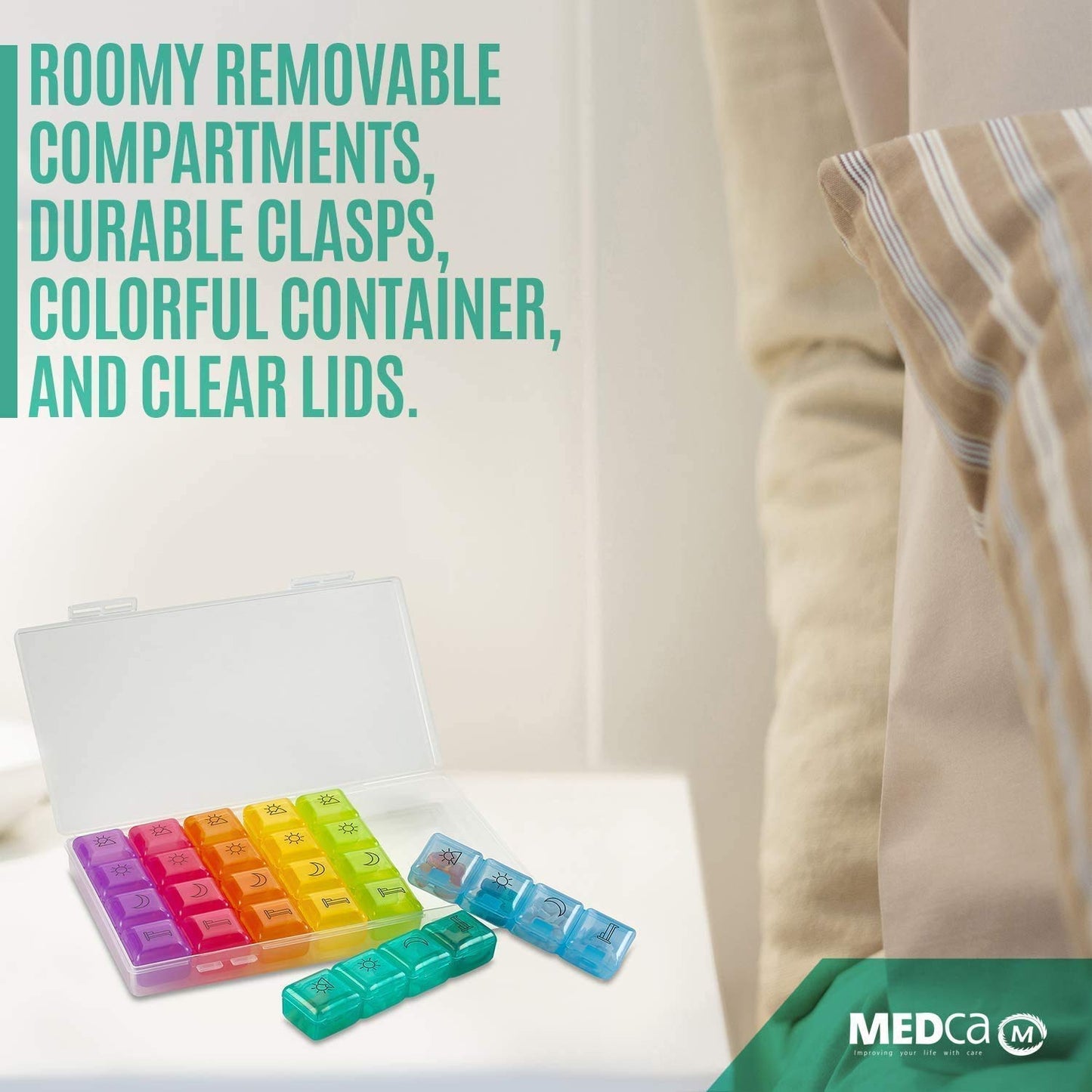 Weekly Pill Organizer - 4 Compartment Am/pm Pill Box, 7 Day Large Travel Medication Dispenser Case for Vitamins and Medicines by MEDca