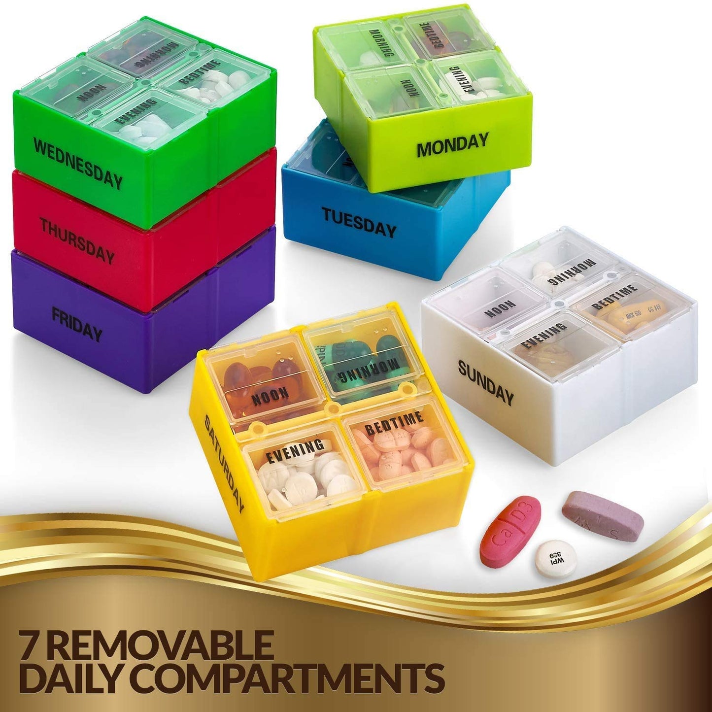 Large Weekly Pill Organizer Box in Gold Leather Case - 7 Day Week Pill Planner Organizers & Medication Reminder with 4 Times a Day - Daily Compartments that is Ideal for Travel by MEDca