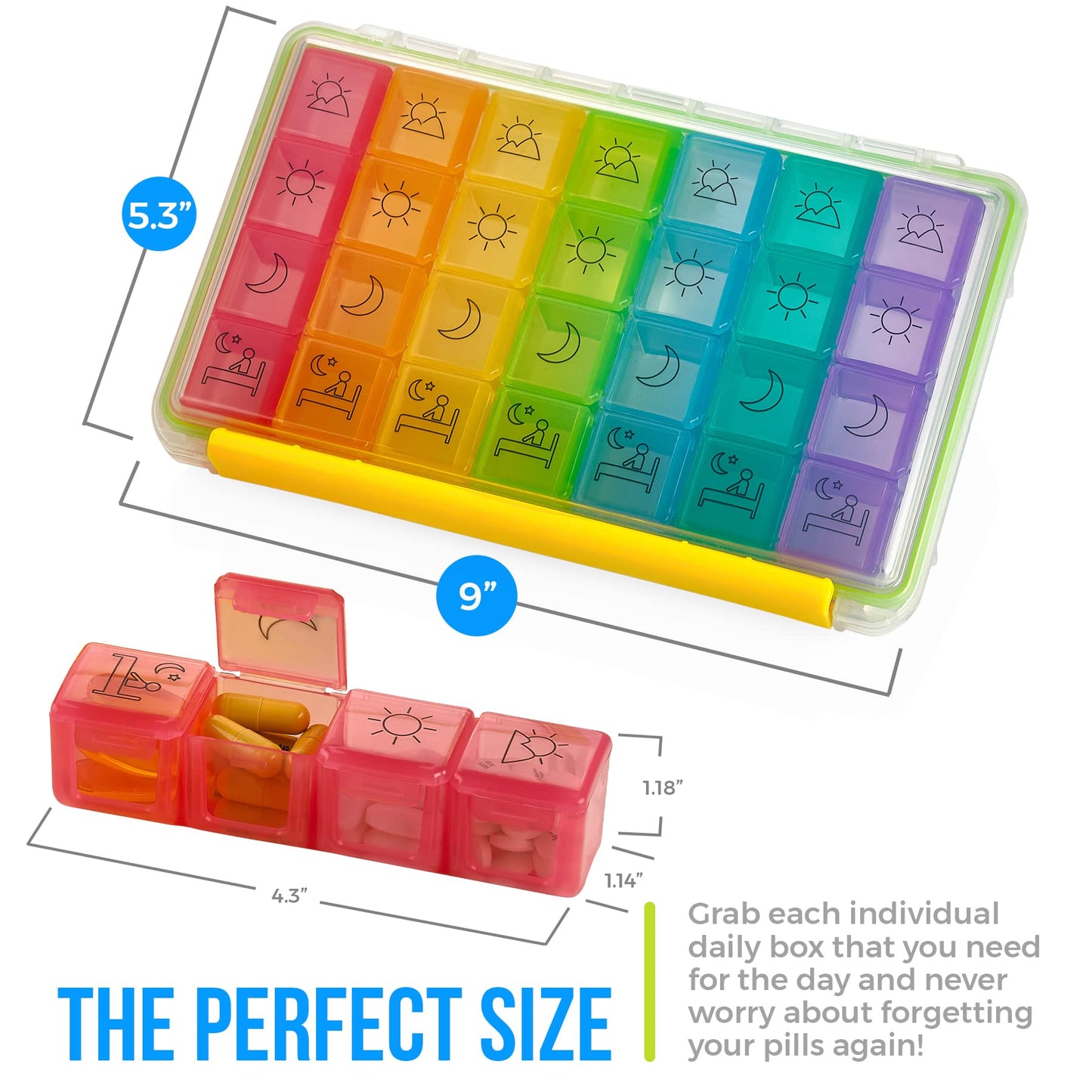 Weekly Pill Organizer - Portable 4 Times-A-Day - Water Moisture-Proof AM/PM Pill Case, Colorful 7 Day Medicine Holder Pill Box with Labels for Prescriptions, Medications, Vitamins, and Supplements