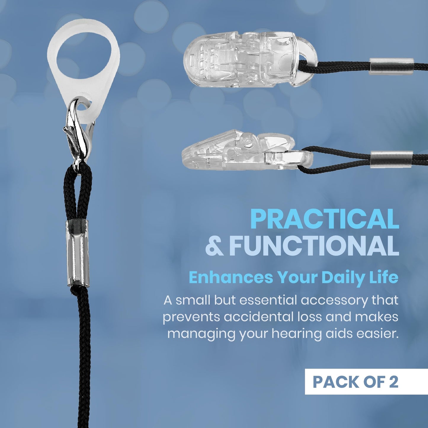 Hearing Aid Clips - Protective Holder with Anti Lost Lanyard Cord - Rope with Loops and Clip and Security Clip Ideal for Behind The Ear Hearing Aids and Personal Sound Amplifiers, (Pack of 2)