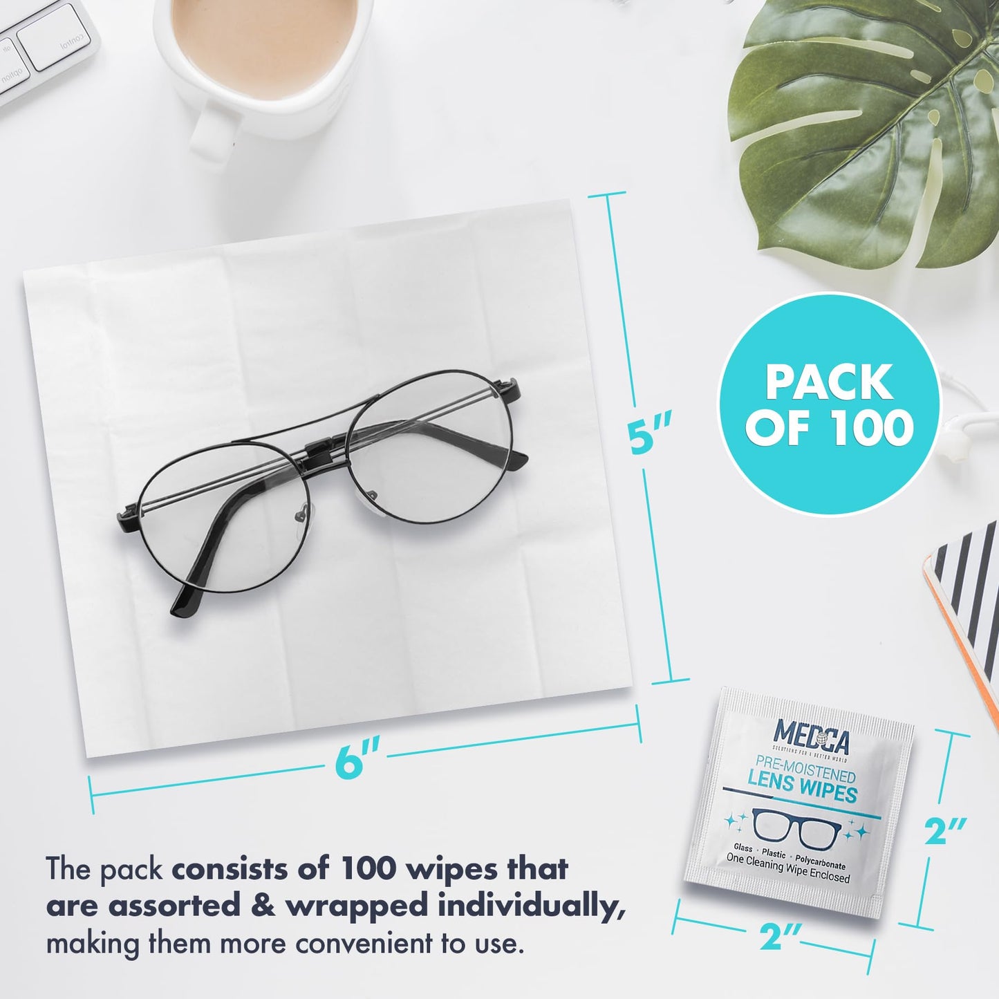 Premoistened Lens and Glass Cleaning Wipes - Portable Travel Cleaner for Glasses, Camera, Cell Phone, Smartphone, and Tablet - Disposable, Quick Drying, Streak Free - Individually Wrapped, Pack of 10