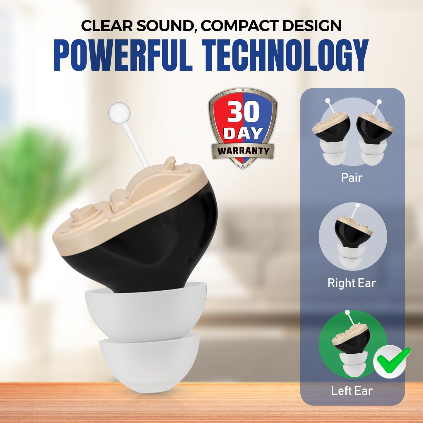 Digital Hearing Amplifier - Invisible in Canal (CIC) in-Ear Mini Sound Enhancer Set, Near-Invisible, Noise Cancelling, Personal Sound Hearing Amplifier - Black, Left Ear