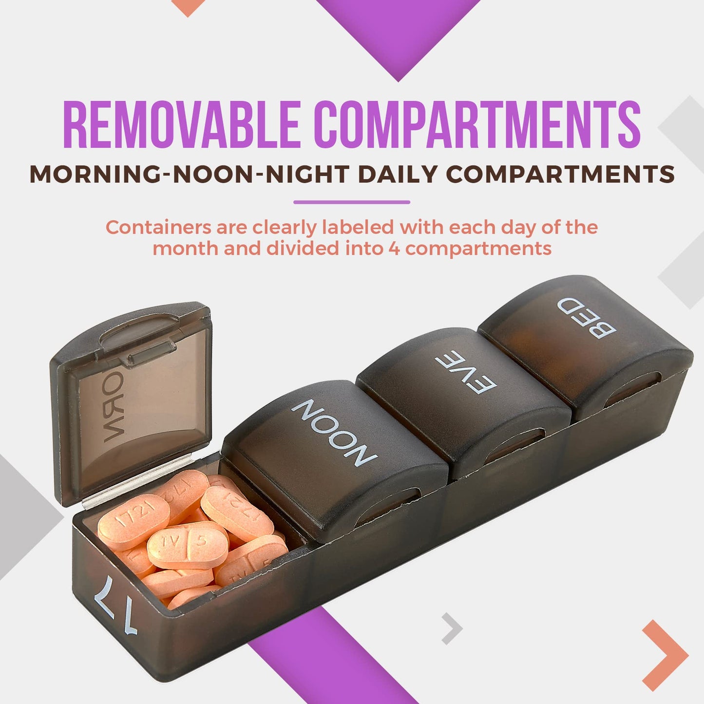 Month Pill Box Organizer - 4 Times-a-Day Morning-Noon-Evening-Night - Large 32 Daily Pill Cases with Compartments for Vitamins, Supplements, Medication -Travel Monthly Pill Organizer, Black