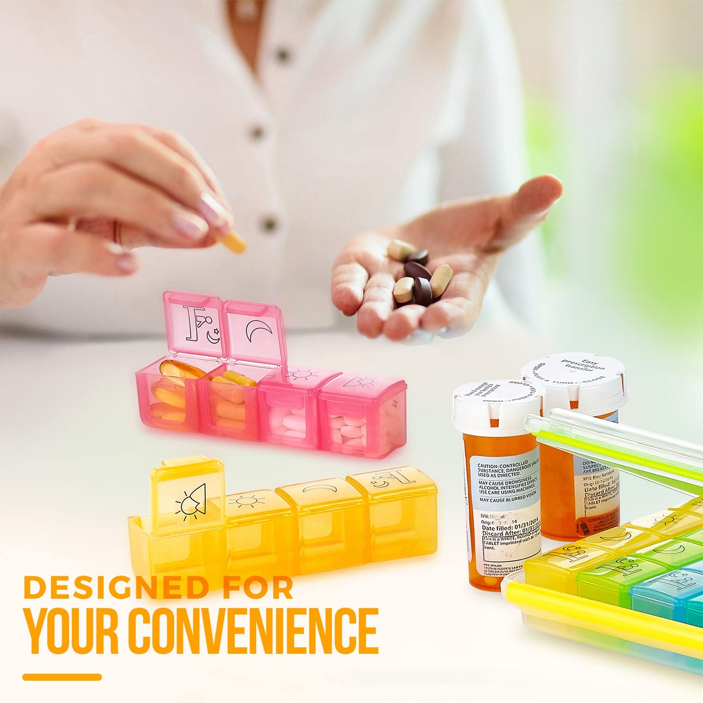 Weekly Pill Organizer - Portable 4 Times-A-Day - Water Moisture-Proof AM/PM Pill Case, Colorful 7 Day Medicine Holder Pill Box with Labels for Prescriptions, Medications, Vitamins, and Supplements