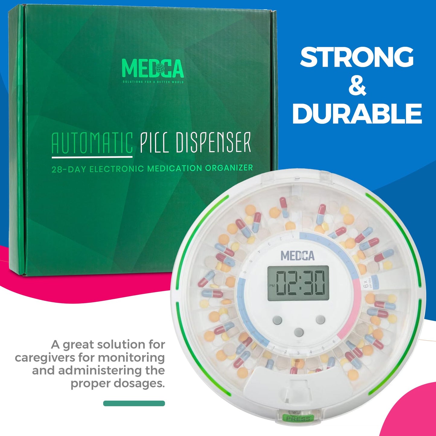 Automatic Pill Dispenser with 28-Day Electronic Medication Organizer - Lockable Key Pill Container with LCD Display, Light and Sound Reminder Alarm for Scheduled Medication for Seniors and Elderly