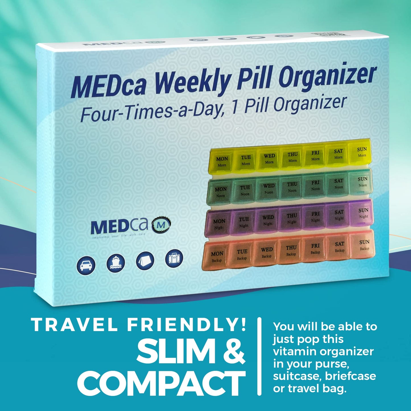 Weekly Pill Organizer - 4-Times-a-Day Pill Planner Pill Box Separates Pills & Vitamins with Daily Morning, Noon, Evening & Night Compartments, Travel Medication Reminder Monday to Sunday
