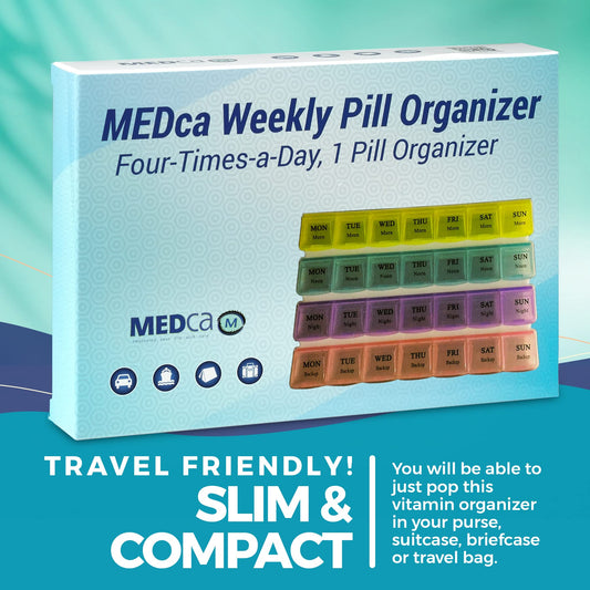 Weekly Pill Organizer - 4-Times-a-Day Pill Planner Pill Box Separates Pills & Vitamins with Daily Morning, Noon, Evening & Night Compartments, Travel Medication Reminder Monday to Sunday