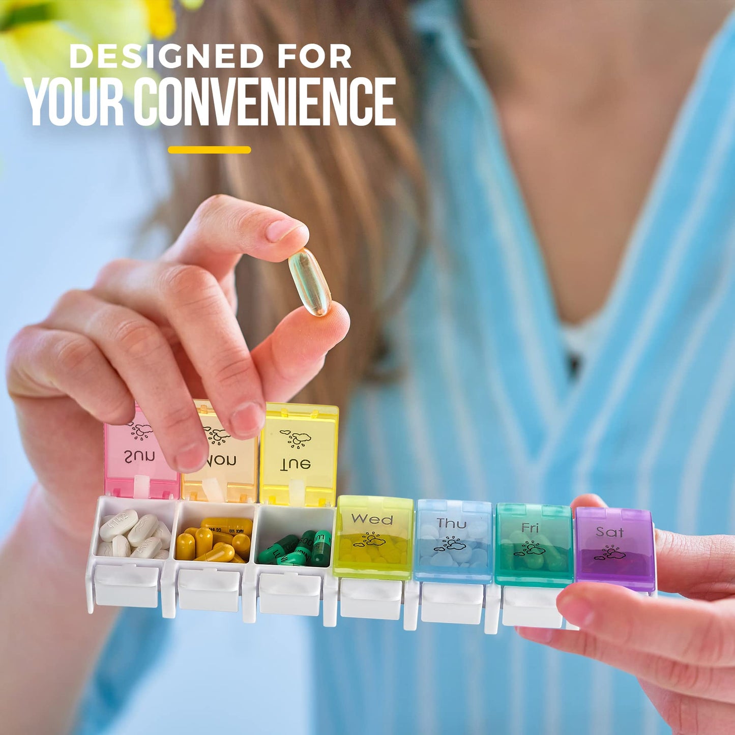 7 Day Pill Organizers - (Pack of 2) Easy Push Button Assisted Open, AM PM Daily Travel Pill Box Case Planner and Large Compartments for Medication Vitamins Fish Oil & Supplements, BPA Free