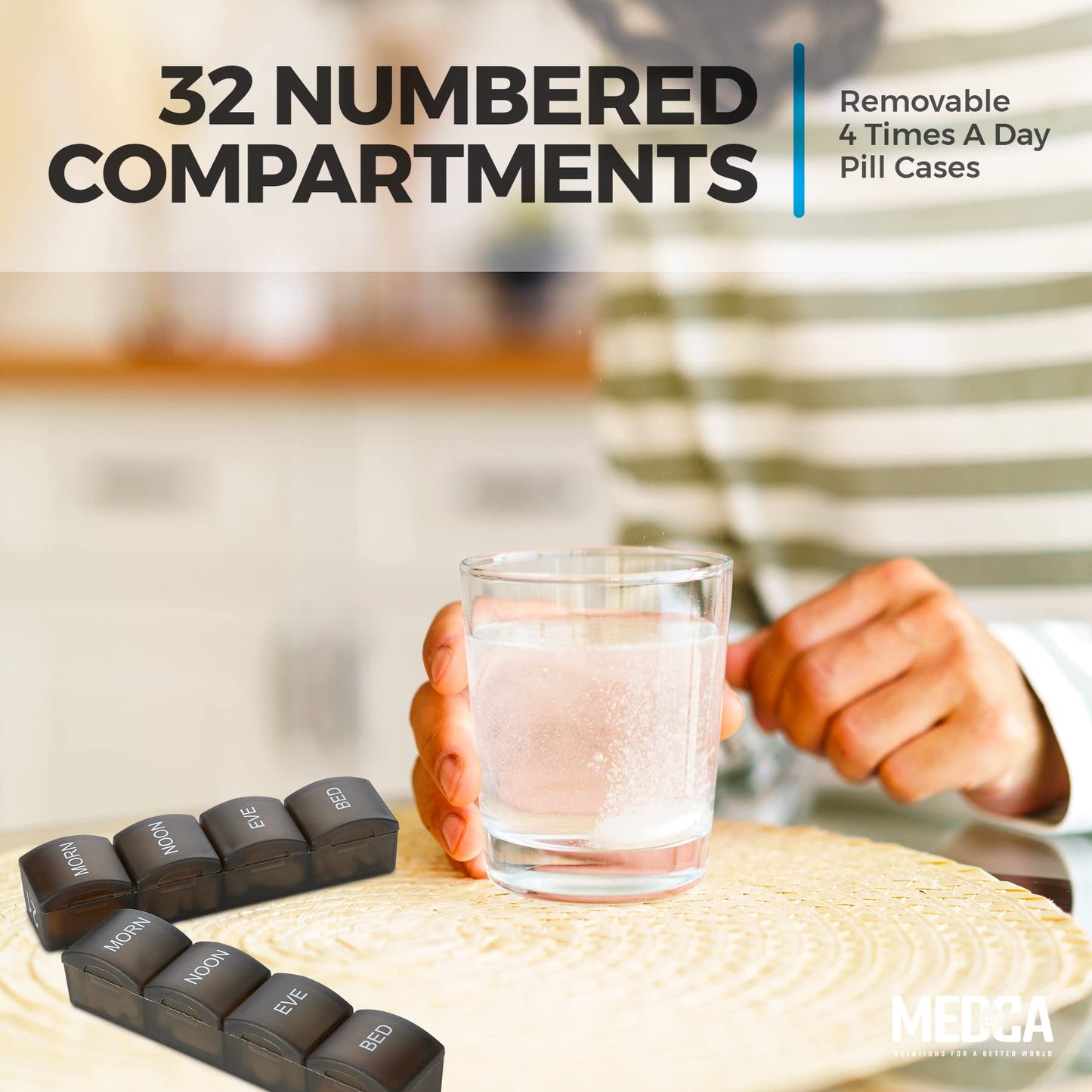 Month Pill Box Organizer - 4 Times-a-Day Morning-Noon-Evening-Night - Large 32 Daily Pill Cases with Compartments for Vitamins, Supplements, Medication -Travel Monthly Pill Organizer, Black