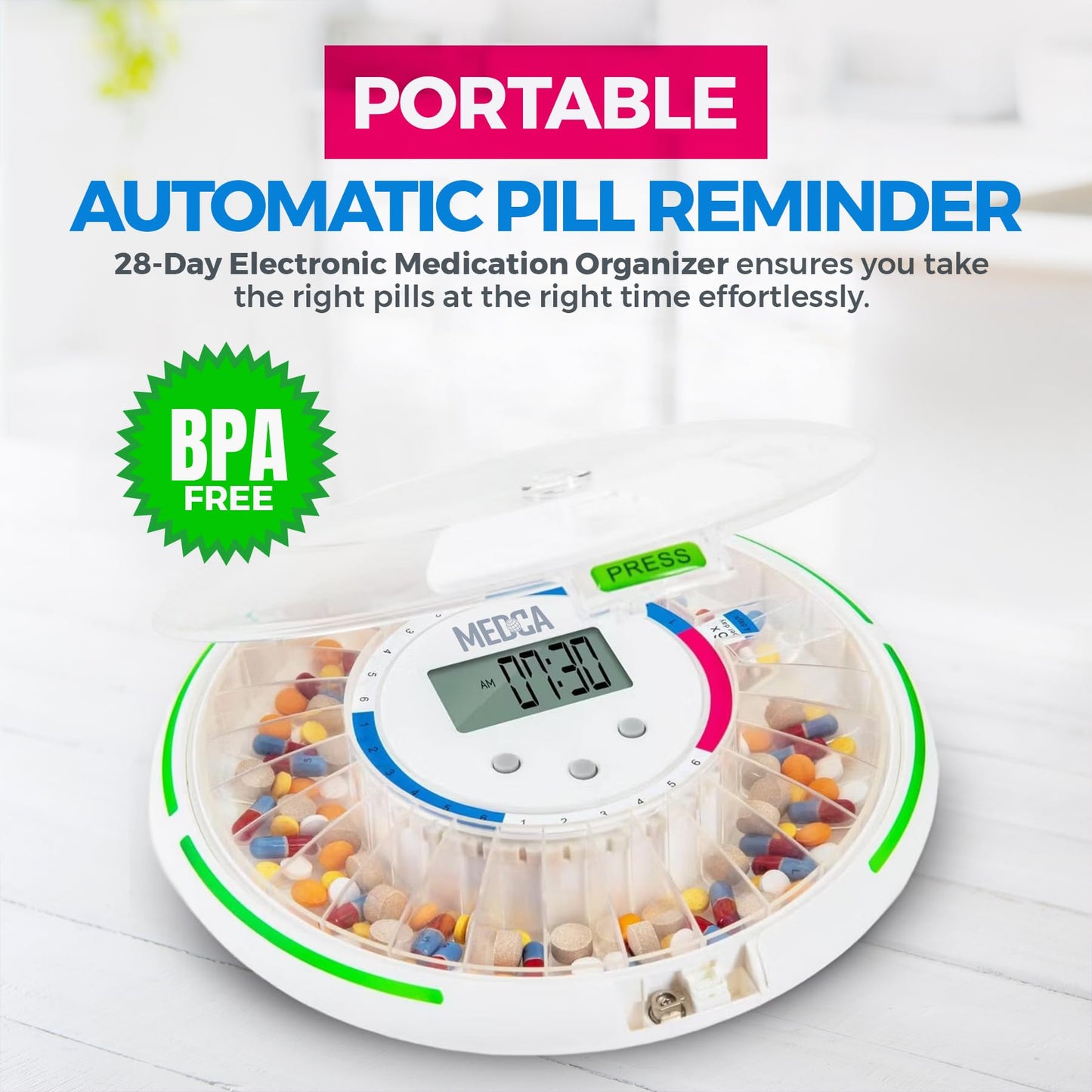 Automatic Pill Dispenser with 28-Day Electronic Medication Organizer - Lockable Key Pill Container with LCD Display, Light and Sound Reminder Alarm for Scheduled Medication for Seniors and Elderly