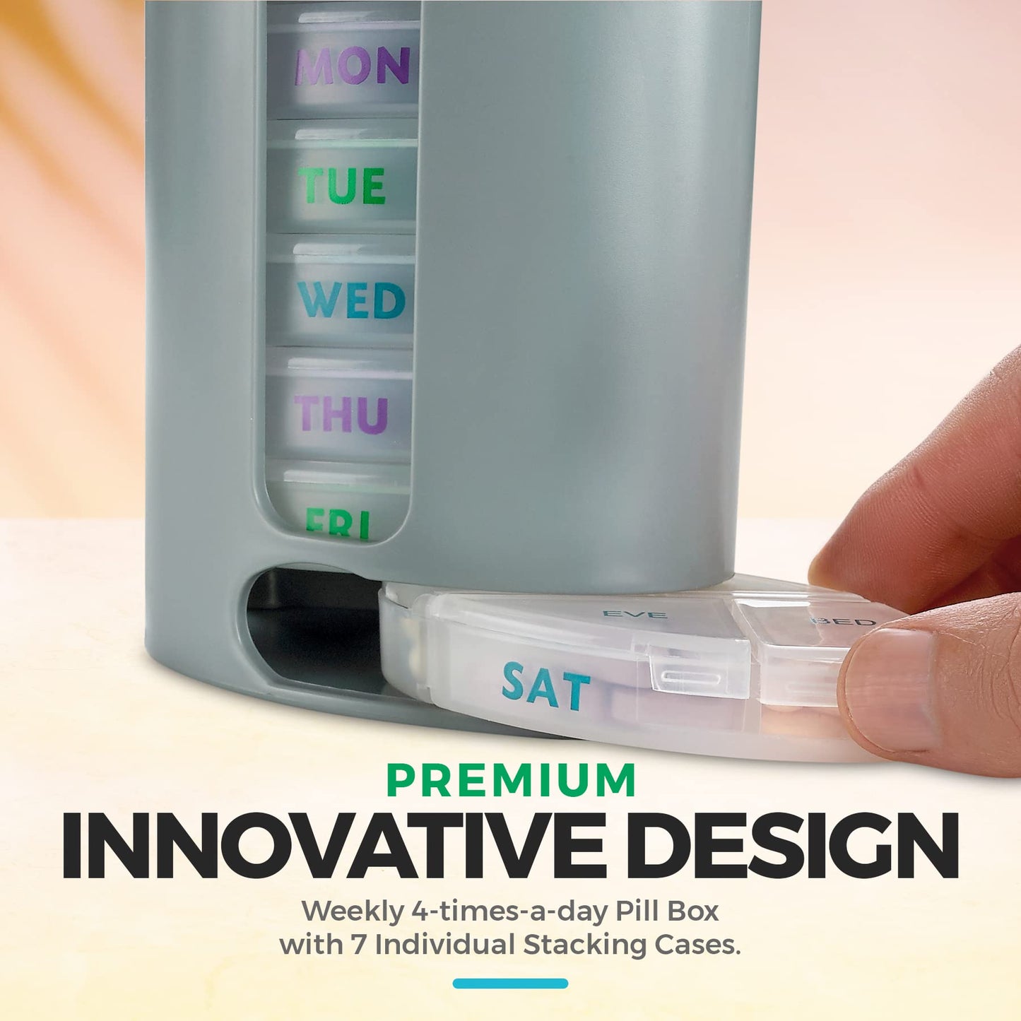 MEDca Weekly Pill Organizer, 1 Dispenser, 7 Stackable Compartments Four Times-a-Day - Morning, Noon, Evening, and Bedtime, Grey