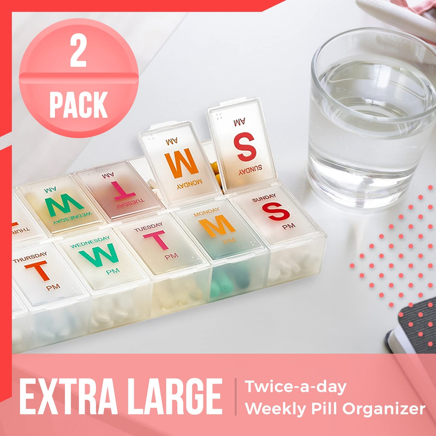 Large Weekly Pill Organizer - (2 Pack) AM PM Pill Box - XL 7 Day Pill Organizer 2 Times A Day and Daily Pill Organizer Case for Medication, Pills, Supplements with Braille, Bright, Easy to Read