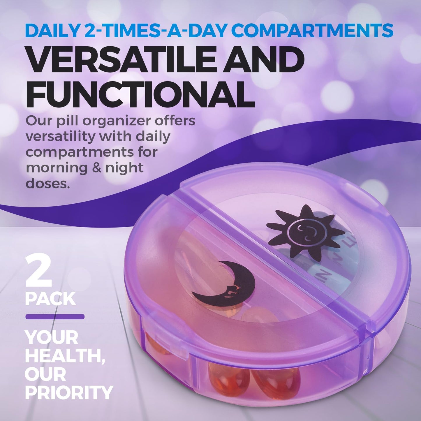 Weekly Pill Organizer - 2 Times-A-Day Compartments - 7 Day AM/PM Pill Container - Portable, Durable and Convenient Travel Pills Case for Tablets, Fish Oils, Vitamins and Supplements, Rainbow, 2 Pack