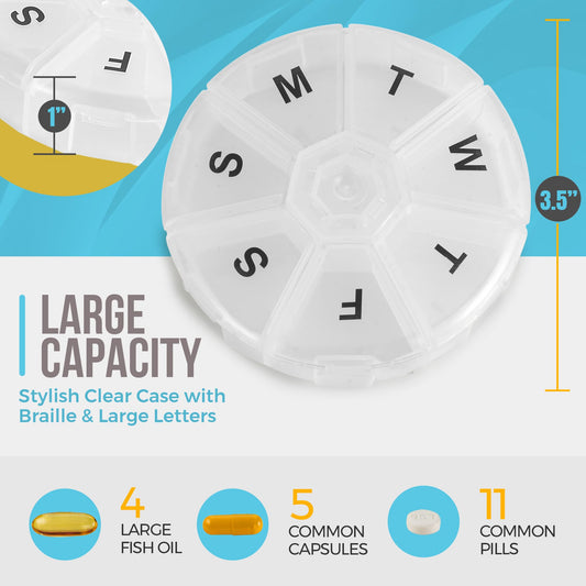 Weekly Pill Organizer - (Pack of 2) 7 Day Pills Container, Round Medicine Organizer Box, Daily Week Pill Reminder Case Travel Friendly, BPA-Free Vitamin, Supplement, Fish Oil, Medication Planner