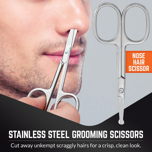 Stainless Steel Grooming Scissors - Eyebrow Scissor, Beard & Mustache Trimming Set, Small Curved & Rounded Tip Facial Hair Trimmer Kit for A Much Safer Ear, Nose Hair Clipper for Men & Travel Case
