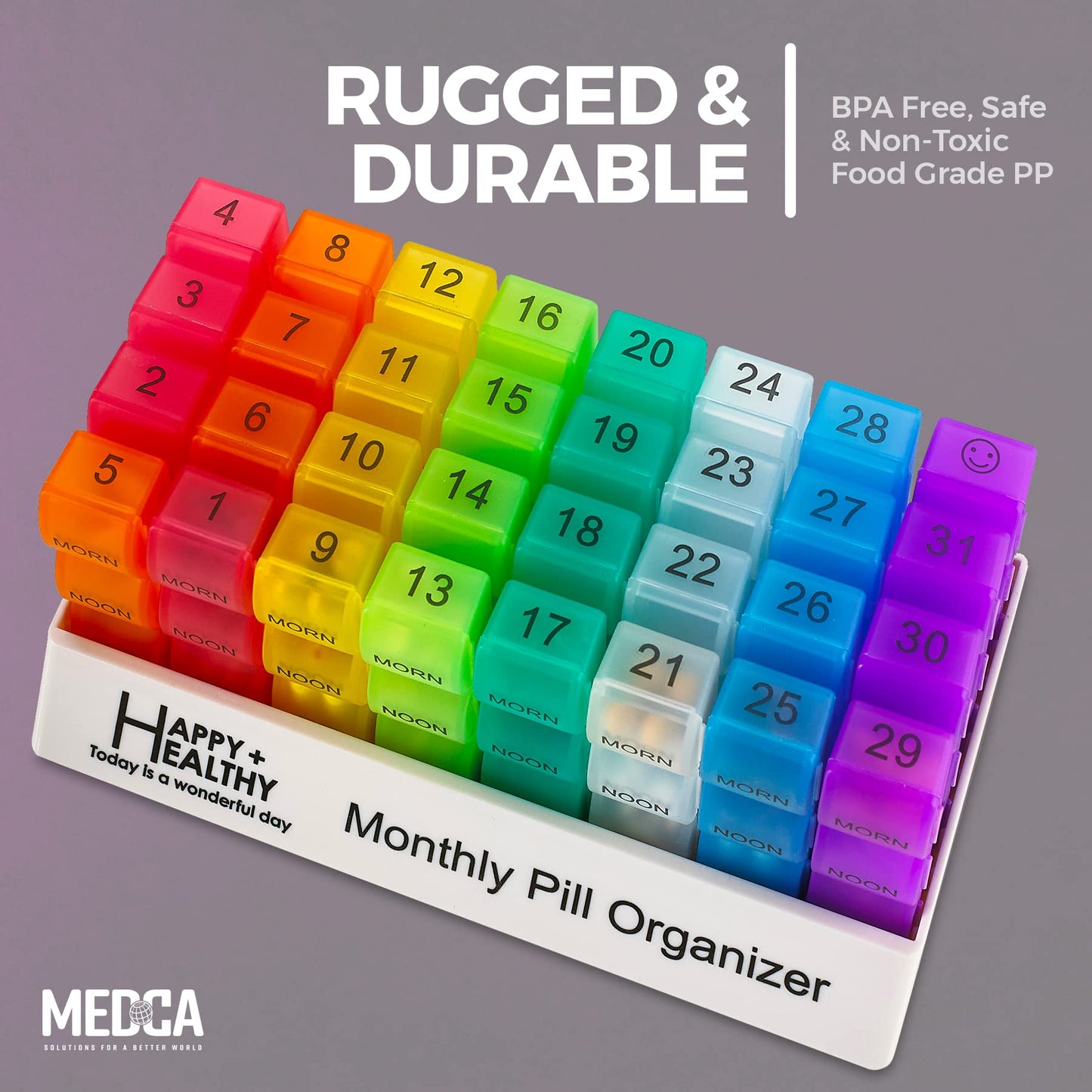 Month Pill Box Organizer - 3-Times-A-Day | Morning-Noon-Night - 30 Day Pill Case with 32 Daily Compartments for Vitamins, Supplements, Medication - Travel Monthly Pill Organizer 3 Times A Day