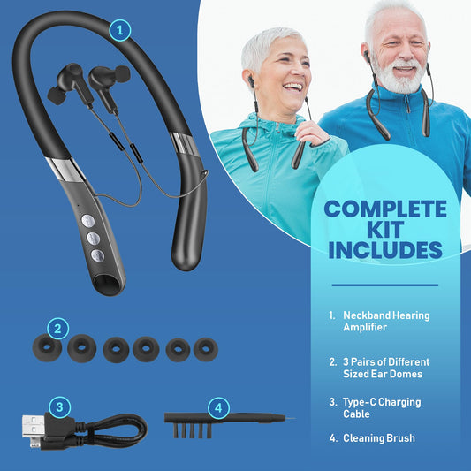 Rechargeable Bluetooth Hearing Amplifier - Wireless Hands-Free Neckband w/ Noise Reduction, Neck Sound Amplifying Device Helps Aid Comfortable Hearing for Listening, Watching TV for Seniors & Adults